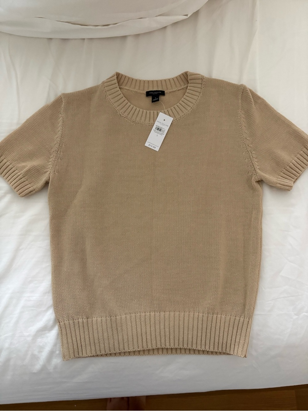 Ann Taylor Factory Ribbed Crewneck Knit Top in Light Tan